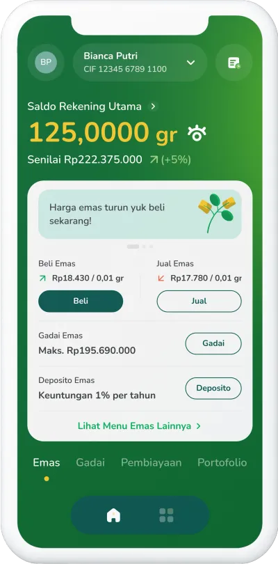 Mockup smartphone menampilkan aplikasi Tring untuk investasi emas digital